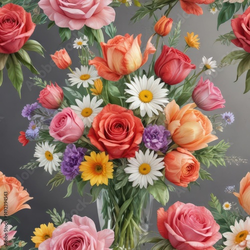 Vibrant watercolor bouquet of roses, daisies, and tulips ,  close-up,  romantic