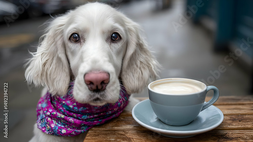 a colorful scarf sitting patiently at a cafe outdoor table