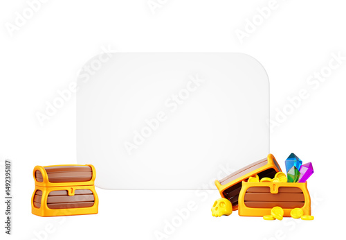 Fototapeta Naklejka Na Ścianę i Meble -  Pirate cartoon 3d banner. Blank white poster template and chest of gold coins, gems and skull on background. Treasure map or invitation card for adventure game, corsair party or quest