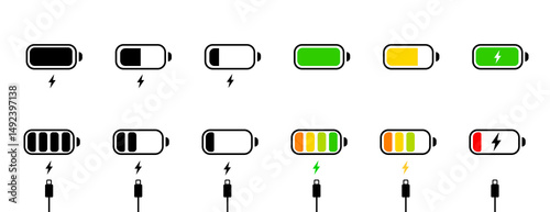Battery Icons Set – Charging Indicator, Energy Level, Alkaline Battery Capacity Symbol, Vector Illustration