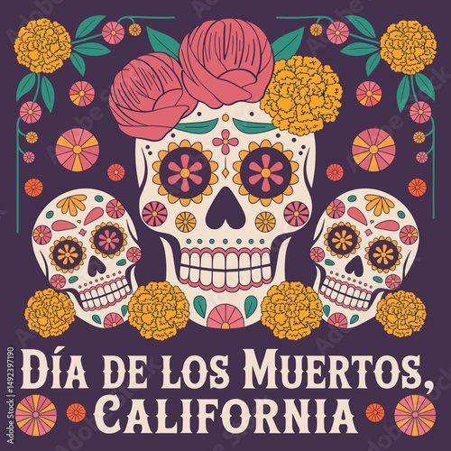 Día de los Muertos California Poster with Sugar Skulls
