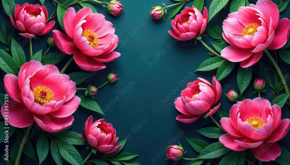 Fototapeta premium Bold peony blooms & lush foliage, vibrant repeat, surface, seamless floral, design
