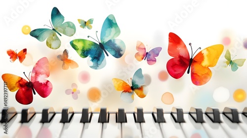 Colorful Butterflies and Piano Keys on a Bright Background