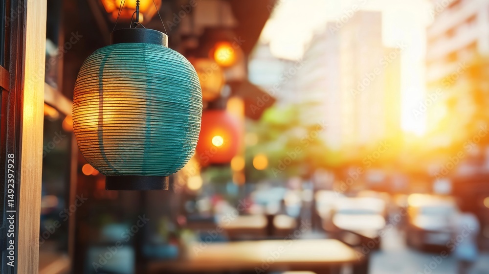 Fototapeta premium Vibrant Lantern Glowing at Sunset in a Urban Setting with Soft Bokeh Background