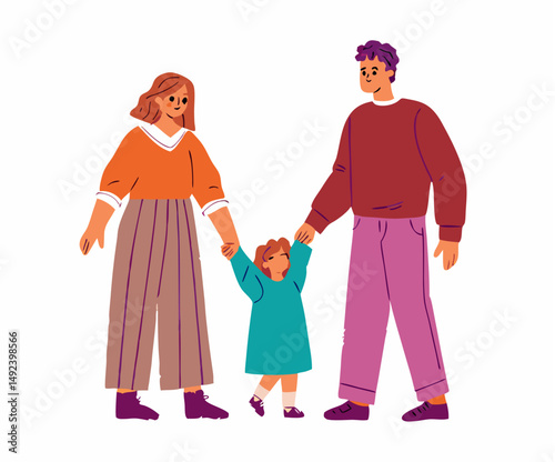 Happy Family Walking Together: Parents and Child Holding Hands