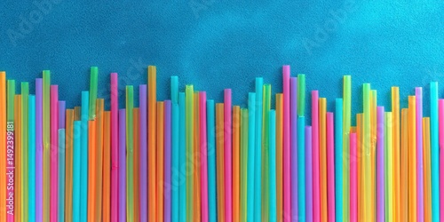 Colorful Straw Background, Top View. Colorful Straws on Blue Table for Party or Celebration with Copy Space Area
