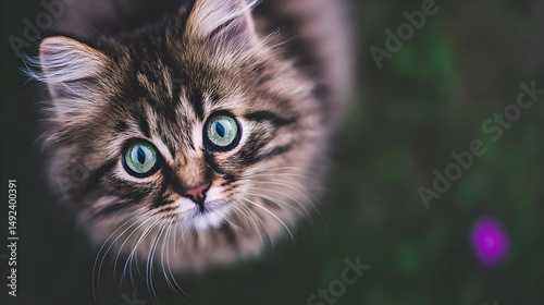 looking up with big eyes in a flower garden