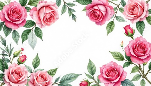 Intricate watercolor roses & leaves, repeating design, floral, pattern, red