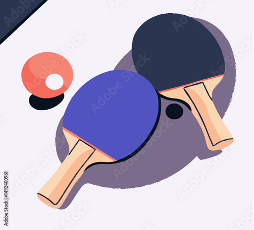 Two Ping Pong Paddles and Ball, Overhead View