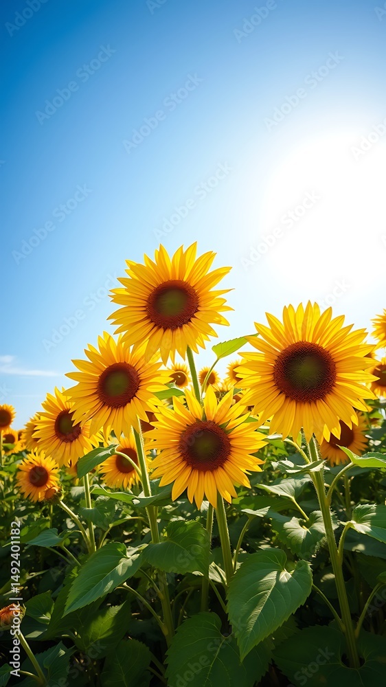 Fototapeta premium Vibrant sunflowers basking in bright sunlight against a clear blue sky