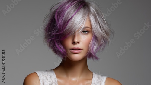Grey Choppy Bob with Purple Chunky Highlights for woman. 