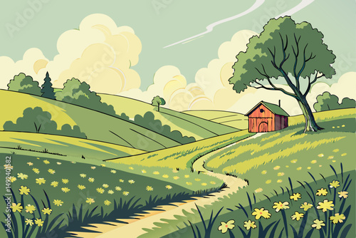 131 idyllic meadow, rolling hills, lush green grass, vibrant yellow wildflowers, winding pathway, red barn, scattered trees, cumulus clouds, serene pastoral landscape, warm sunlight, peaceful countrys