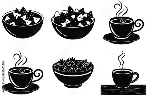 set of coffee cups and food