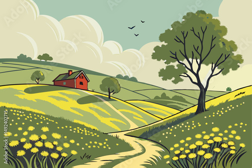131 idyllic meadow, rolling hills, lush green grass, vibrant yellow wildflowers, winding pathway, red barn, scattered trees, cumulus clouds, serene pastoral landscape, warm sunlight, peaceful countrys