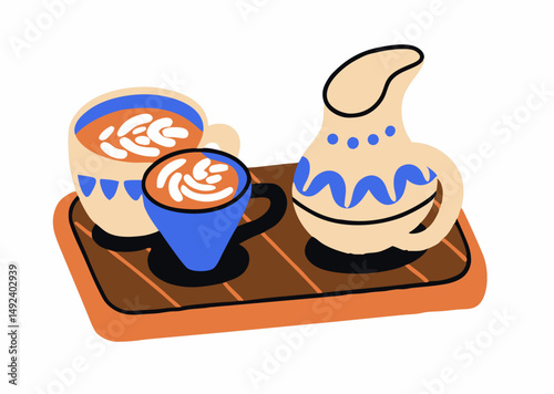 Latte Art Coffee Cups and Creamer on Tray
