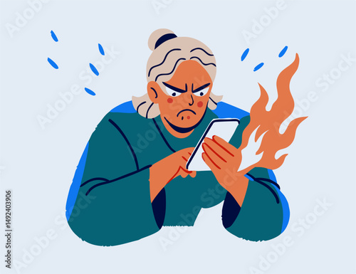 Angry Woman with Burning Phone, Frustration, Tech Issues