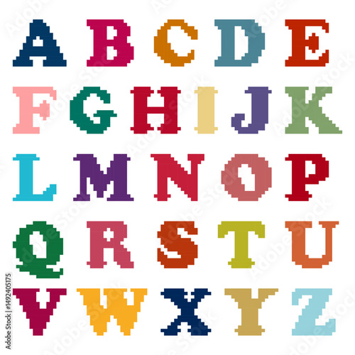 Pixel art alphabet A-Z is shown in a colorful and vibrant way. The letters are arranged in a grid, with each letter having its own unique color. Scene is cheerful and playful, as the bright colors