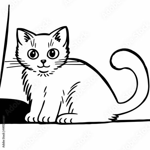 A cute black feline pet with a tail sits against a white background, seemingly aware of a tiny mouse nearby in this animal illustration