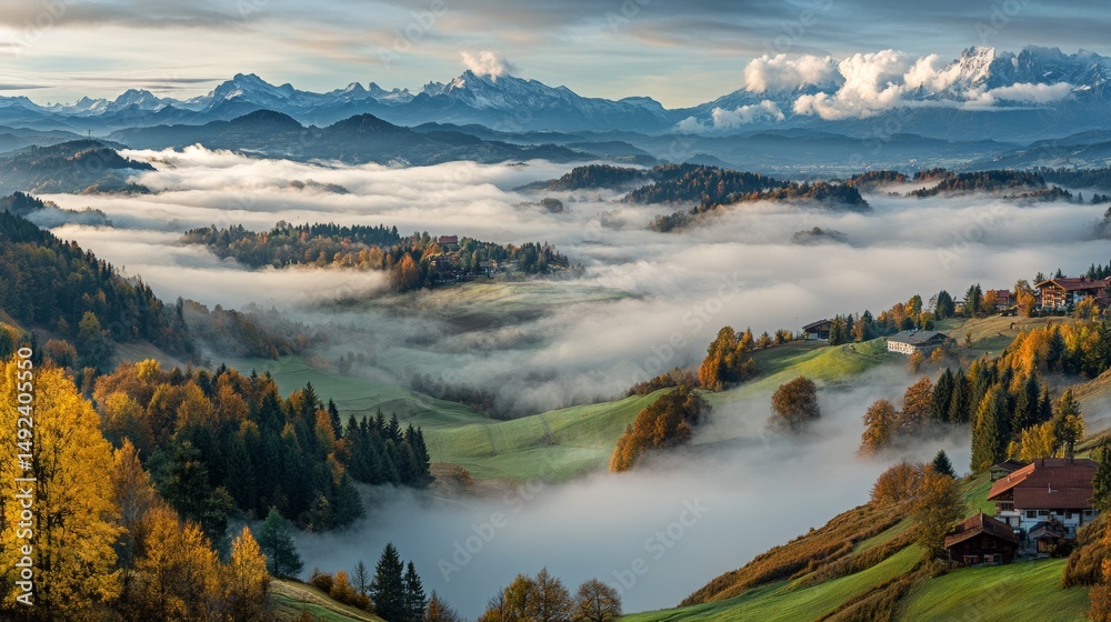 Obraz premium A beautiful mountain scene is covered in fog, as seen from above. 