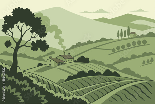 133 lush,verdant,rolling hills,terraced fields,rural village,mountain range,overcast sky,idyllic landscape,picturesque scenery,tranquil countryside