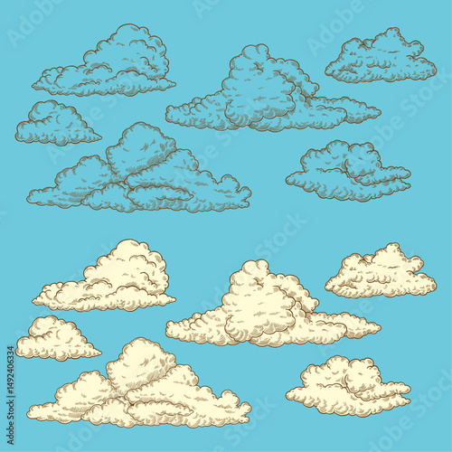 Vintage hand drawn cloud set on blue background. Classic retro sky illustration collection.
