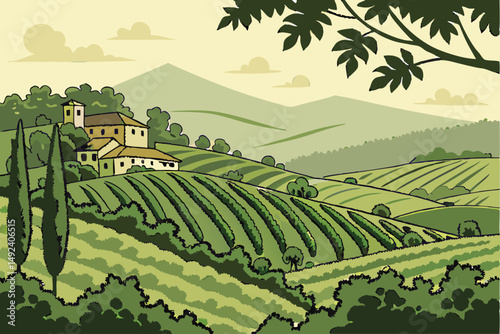 133 lush,verdant,rolling hills,terraced fields,rural village,mountain range,overcast sky,idyllic landscape,picturesque scenery,tranquil countryside