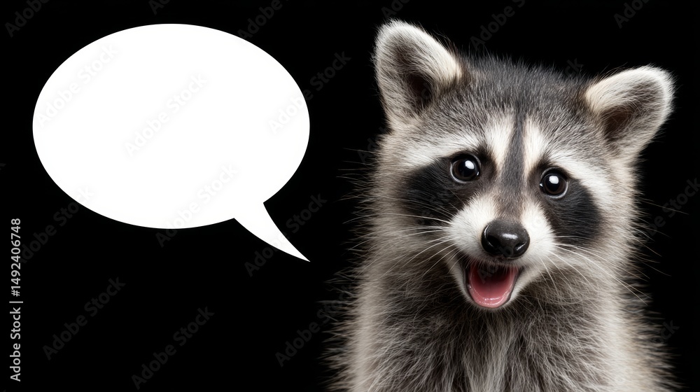 Obraz premium Raccoon is smiling and looking at the camera. The image is a cartoon of a raccoon with a speech bubble above it
