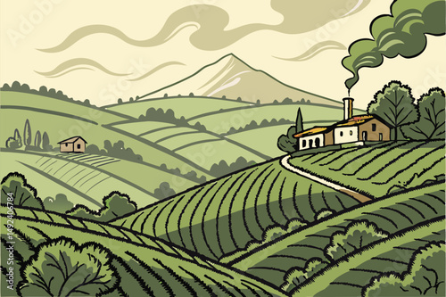 133 lush,verdant,rolling hills,terraced fields,rural village,mountain range,overcast sky,idyllic landscape,picturesque scenery,tranquil countryside