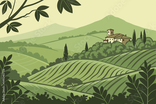 133 lush,verdant,rolling hills,terraced fields,rural village,mountain range,overcast sky,idyllic landscape,picturesque scenery,tranquil countryside