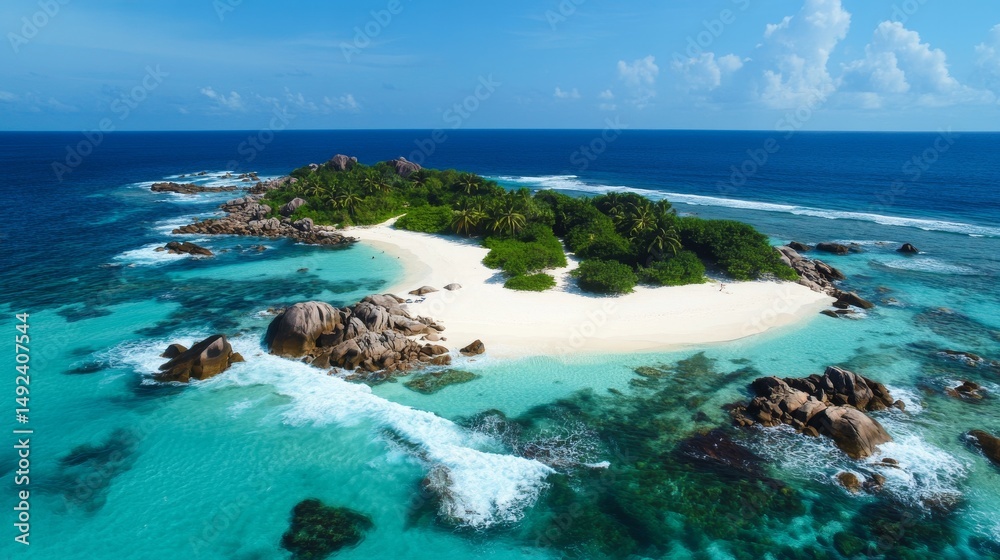 Fototapeta premium A photo from above shows a white sandy beach with rocks, waves, and clear blue water on a sunny island. Perfect for a summer trip! 