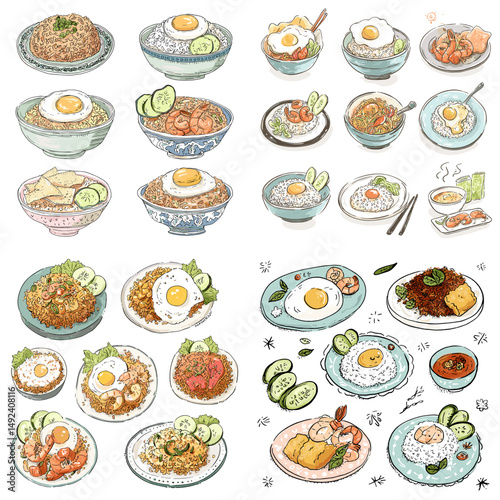 Hand-drawn collection of fried rice and egg dishes served with cucumber and sambal. Southeast Asian flavor inspiration, great for culinary illustration.

