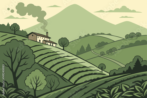 133 lush,verdant,rolling hills,terraced fields,rural village,mountain range,overcast sky,idyllic landscape,picturesque scenery,tranquil countryside