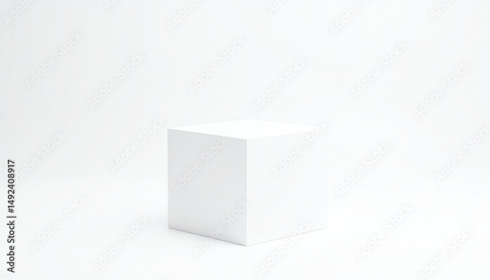 Fototapeta premium A simple white cube sits on a minimalistic, light background, embodying modern design and geometric simplicity