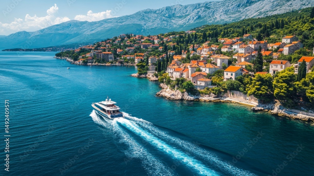 Fototapeta premium Croatia: Sunny day on the blue Adriatic Sea. A fancy boat speeds across the water. Picture taken from above with a drone. Great for travel photos. 