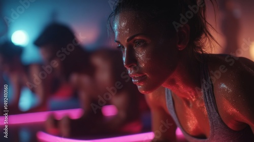 Intense hiit workout glowing abdominal region during plank taps in a dark gym environment for hardcore fitness training