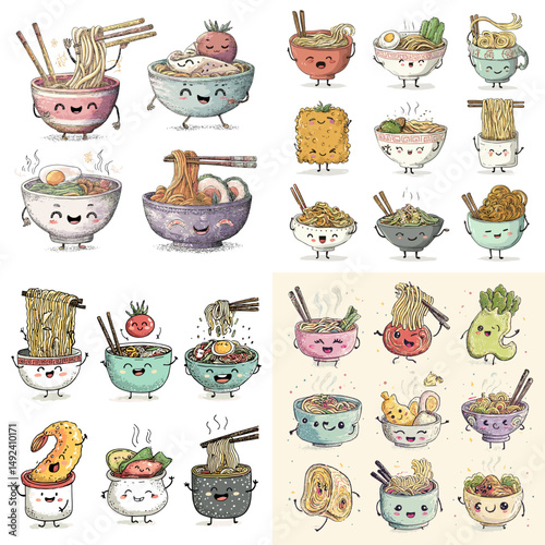 Cute kawaii noodle bowls and ramen characters with smiling faces in various shapes and toppings. Ideal for fun food illustration, stickers, and children’s products.

