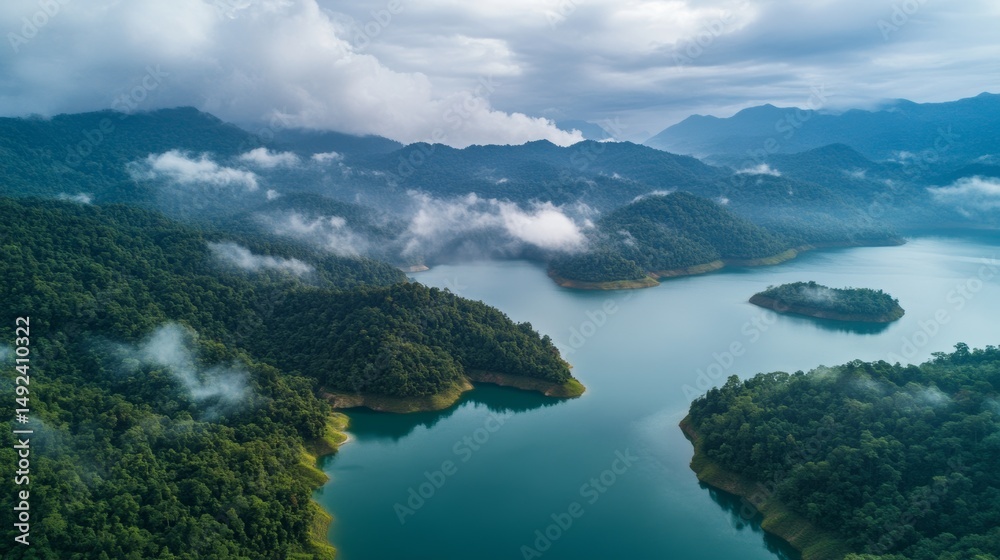 Naklejka premium From above, we see a lake surrounded by green mountains under a cloudy sky. 
