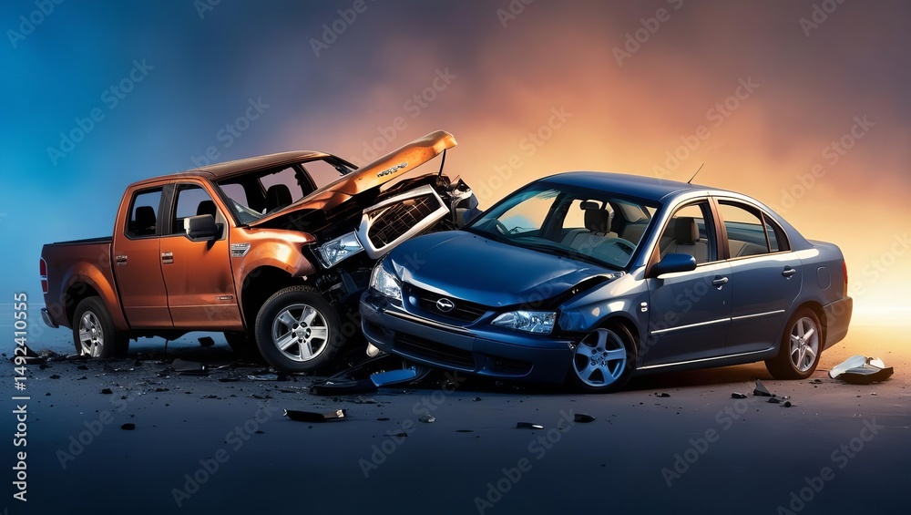 Fototapeta premium Orange Pickup Truck Collides with Blue Sedan at Sunset Causing Front-End Damage and Debris