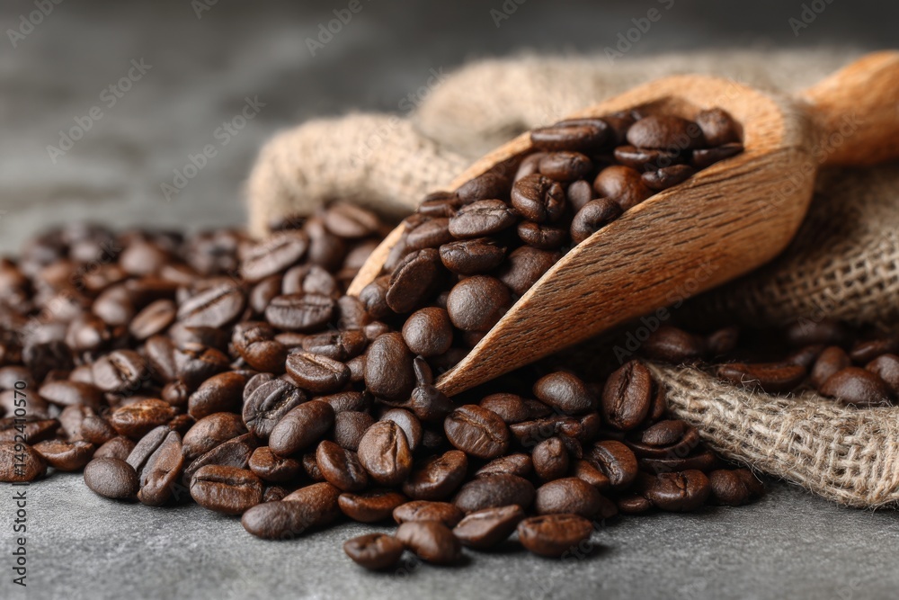 Fototapeta premium Roasted coffee beans spill from a rustic wooden scoop onto textured burlap sack, resting on gray background, providing natural warmth.