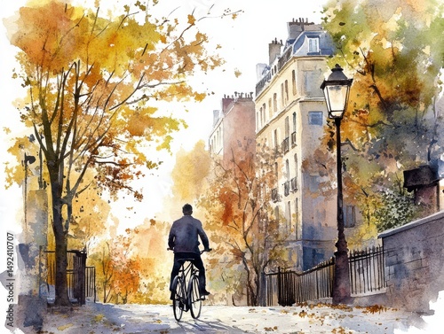 Wallpaper Mural Autumnal Cycling Scene Watercolor Painting of Cyclist on Tree Lined Street Torontodigital.ca