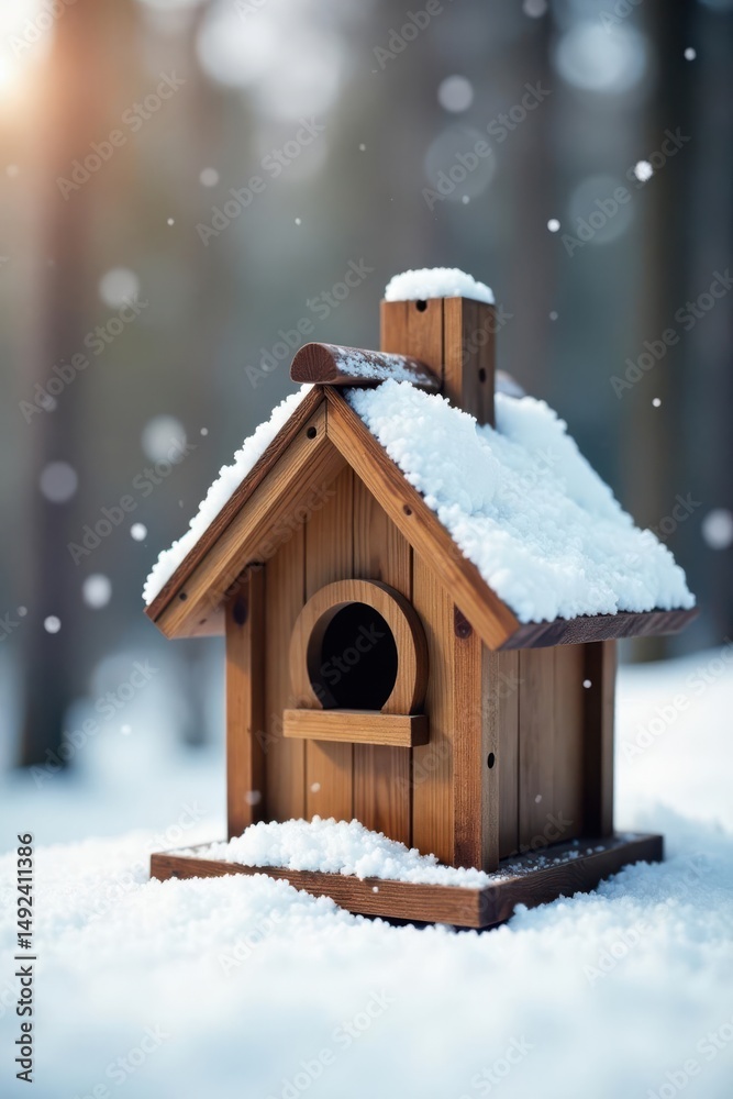 Fototapeta premium A charming wooden birdhouse, nestled in a soft blanket of freshly fallen snow, awaits its feathered friends in the quiet winter woods.