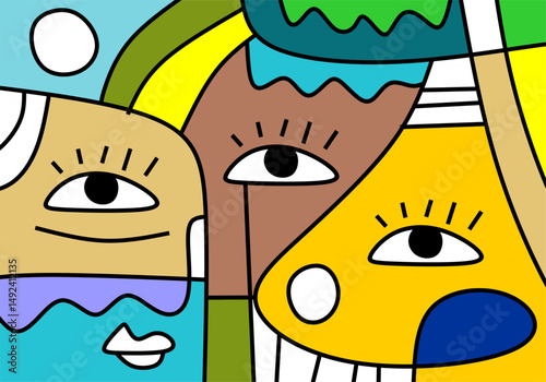 colorful cubist abstract illustration featuring expressive human faces with geometric patterns and bold lines.