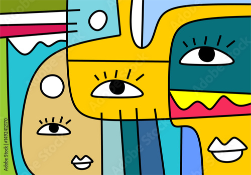 colorful cubist abstract illustration featuring expressive human faces with geometric patterns and bold lines.