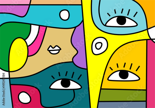 colorful cubist abstract illustration featuring expressive human faces with geometric patterns and bold lines.
