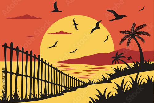 135 dramatic sunset, ocean, silhouettes of birds flying, bamboo fence, dramatic sky, golden sun, reflections on water, scenic landscape