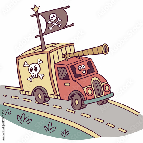 Pirate seafood truck sailing on wheels with flag and cannon