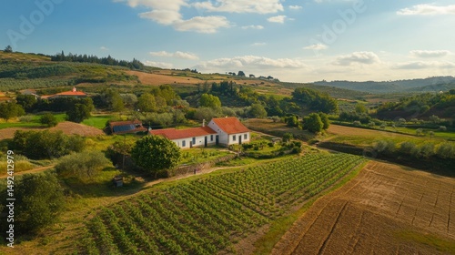 Solar panels in a green field, Portugal. Seen from above.
