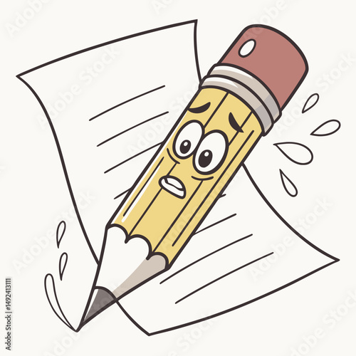 Nervous pencil icon sweating before drawing on giant paper