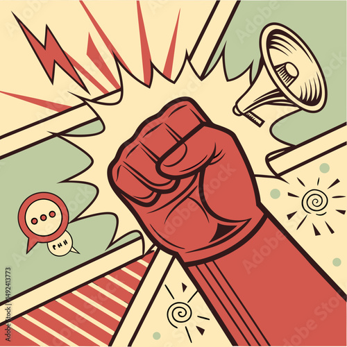 Bold cartoon fist smashing through colorful comic book background