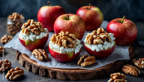 Delicious red baked apples stuffed with cottage cheese and walnuts